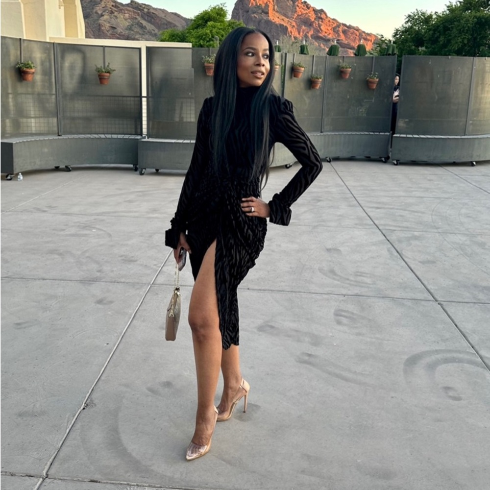 Black Zebra Devore High Neck Draped MIdi Dress